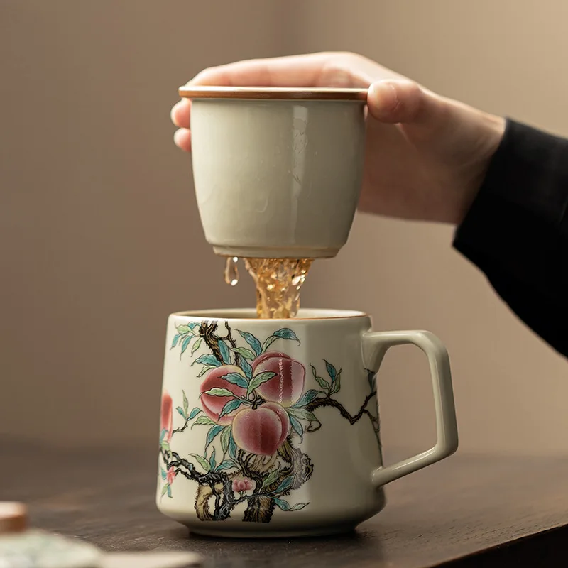 Ru Kiln Nine Peach Office Mug Tea Infuser Cup Ceramic Tea Set with Cracked Glaze for Home Use