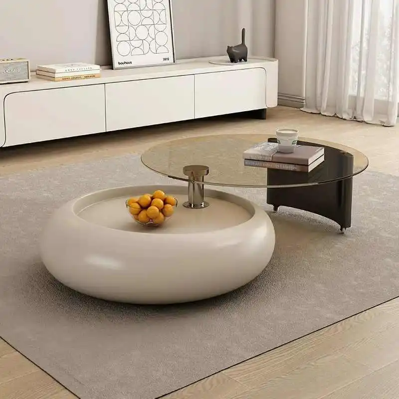 Advanced Luxury Modern Round Tempered Glass Coffee Table Small Apartment Designer Style Durable Rotating Cream Color Living Room