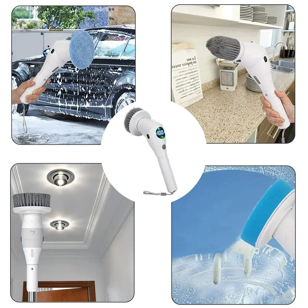 Escova de limpeza elétrica doméstica, Power Spin Scrubber, Tela LCD, Luz LED, Cozinha, Banheiro, Banheiro, 8 em 1