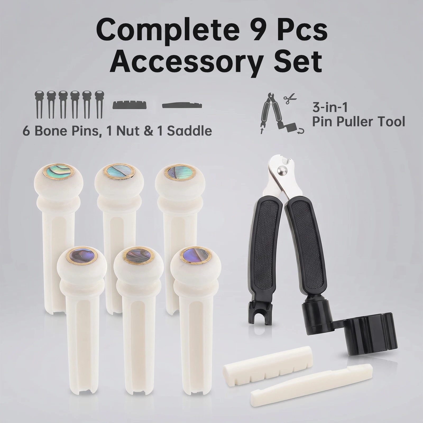 9 pcs Pure Bone Acoustic Guitar Replacement Kit for Guitar Repair with 6 Bridge Pins, 1 Saddle,1 Nut and Pin Puller Tool,DIY Set