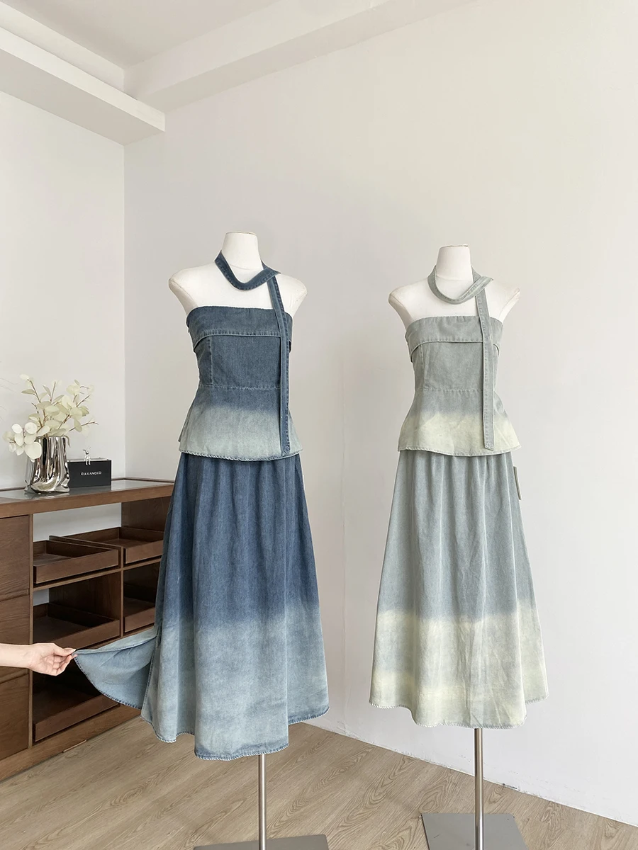 

Retro Korean Style Summer 2025 Shoulder Bared Denim Wrap Mid-Length Skirt Two-Piece Set Elegantly Designed Women's Fashion