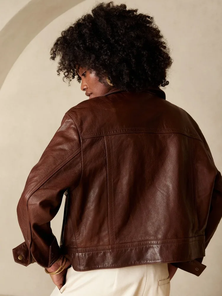 سترات واقية قصيرة للسيدات على الموضة بتصميم عتيق من جلد البقر الطبيعي مع طية صدر السترة واحدة الصدر فضفاضة تناسب ملابس خارجية غير رسمية ملابس الشارع