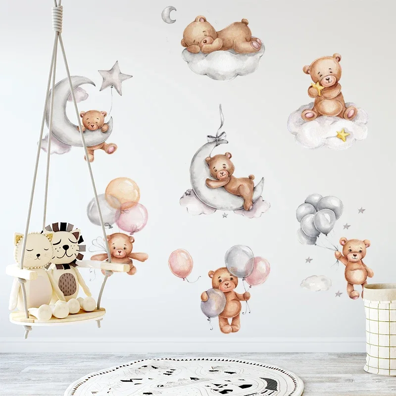 New Funny Cute Teddy Bear Kids Room Wall Stickers for Interior Baby Nursery Room Decor Home Decoration Wall Decals Watercolor