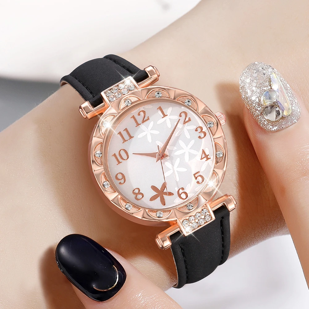 1PCS Simple Luxury Flower Element Leather Strap Watch Black Casual Fashion Quartz Watch Is The Perfect Gift For Her (No Box)