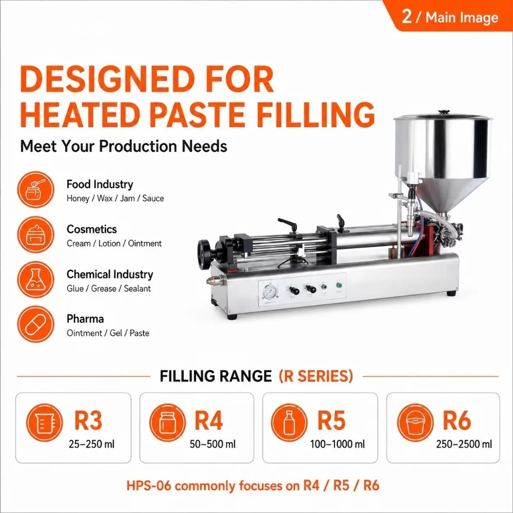 Semi Auto Horizontal Pneumatic Filling Machine with Heating Mixing Hopper for Honey Wax Paste 25-1000mL Viscous Liquid Filler