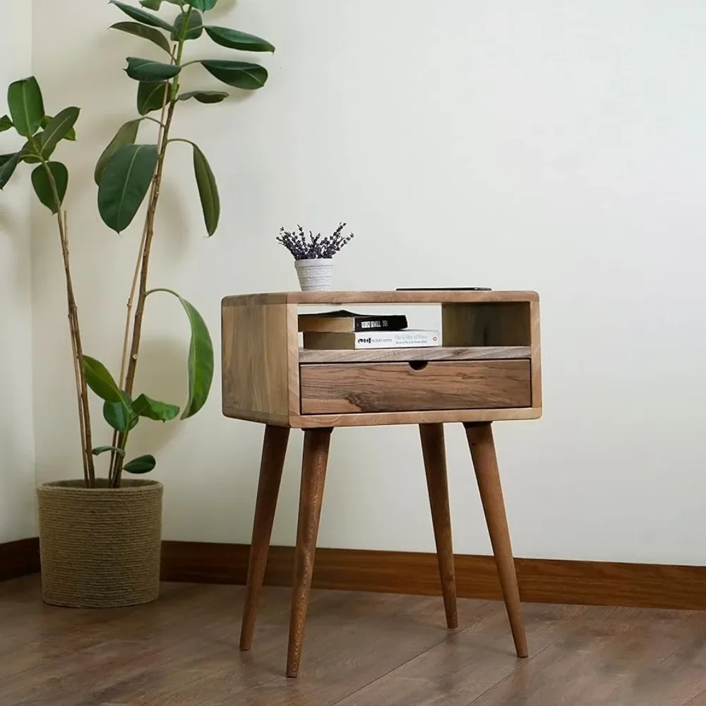 Premium Products Mid Century Nightstand with Drawer Solid Walnut Bedside Table