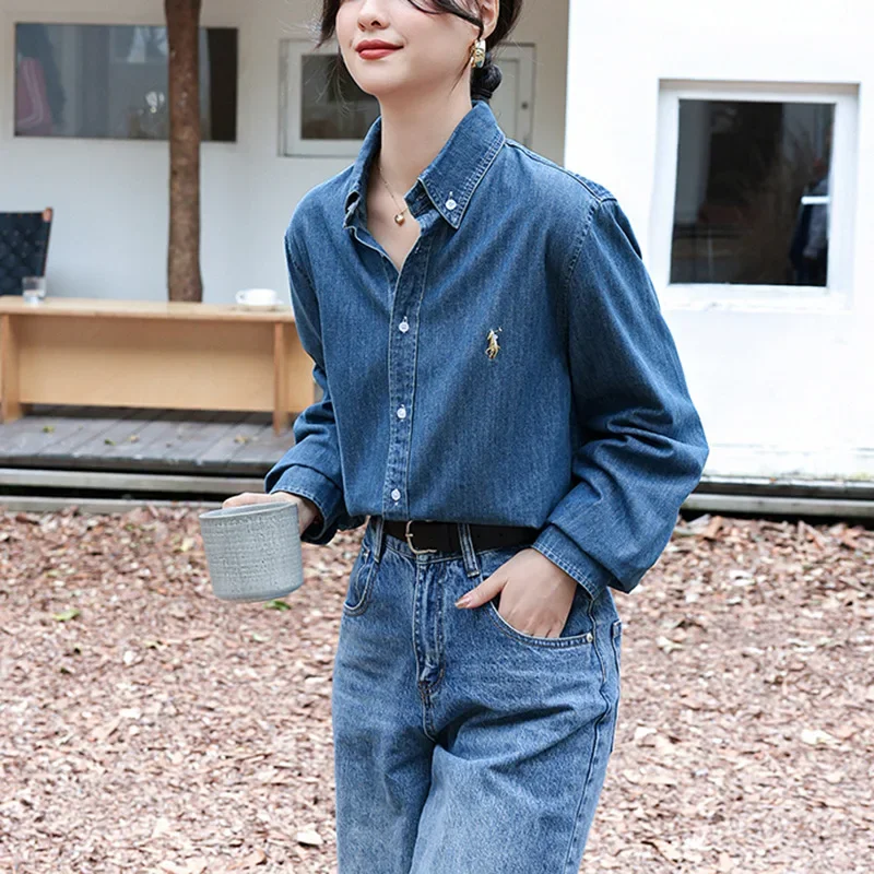 

Реальное фото ◆ Джинсовая рубашка в стиле американского ретро, в стиле «old money», женская, как у Чжэн Сюйцзин, с вышивкой пони, повседневная рубашка-куртка