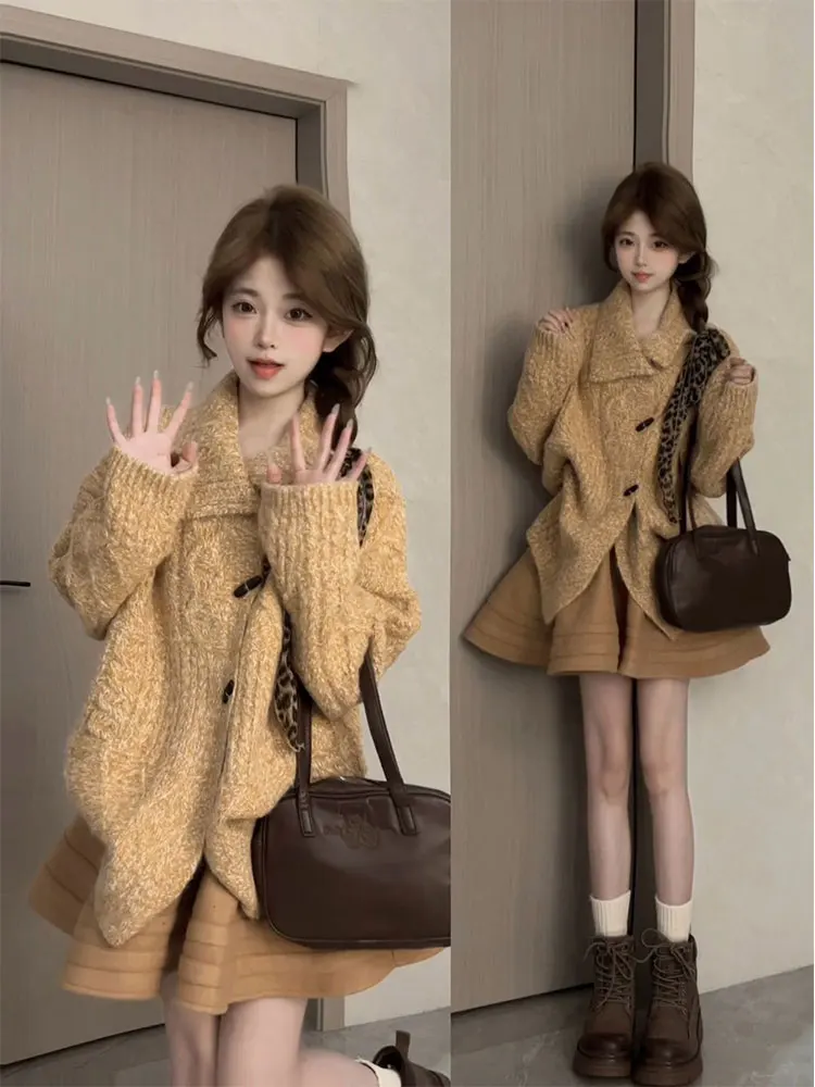 

Korean Sle Thiened Knitted Sweater Coat Women's Loose Fit High Collar Button up Cardigan Autumn Winter Faion Design