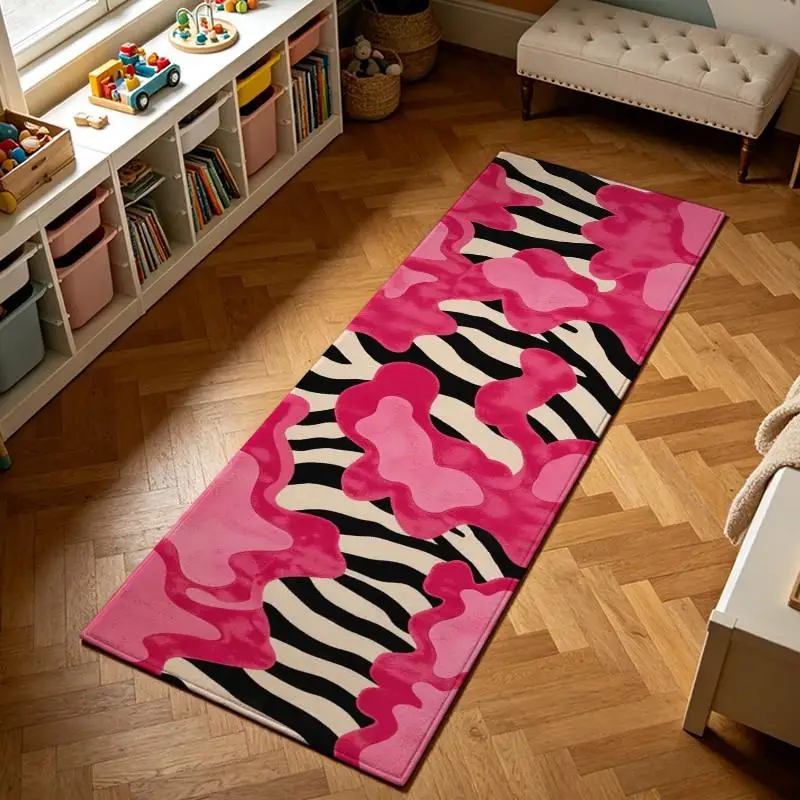 Y2K Pink Zebra Stripe Print Carpet Flooring Trendy Irregular Pattern Area Rug for Salon Bedroom Decor