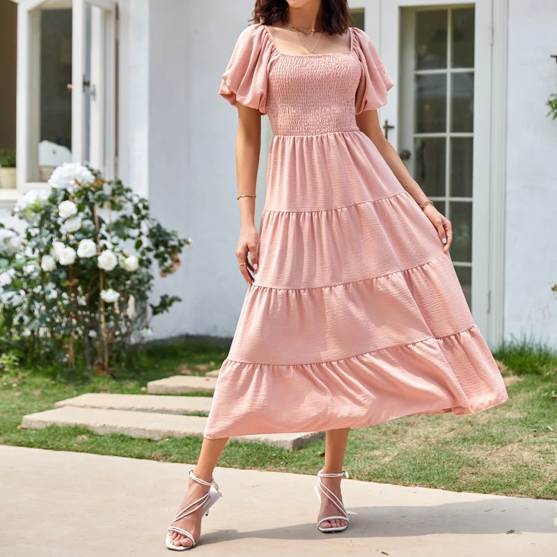 الصلبة المرأة الصيف فستان ماكسي الشارع الشهير ساحة الرقبة عارية الذراعين نفخة الأكمام فستان الشاطئ مطوي قصيرة الأكمام فساتين طويلة