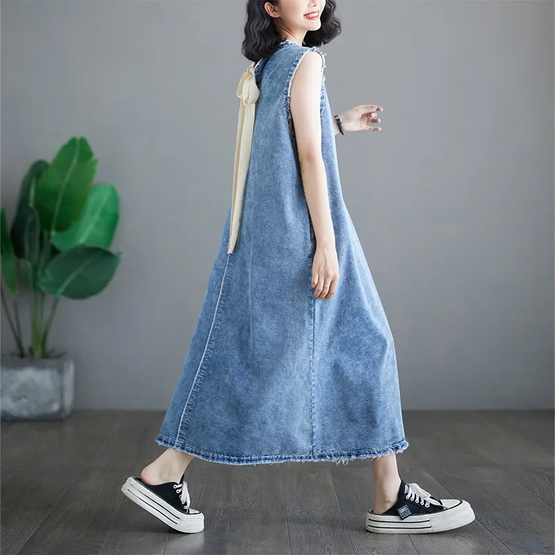 2024 New Arrival Summer Arts Style Women Sleeveless O-neck Loose Long Dress Vintage Blue Cotton Denim  A-line Tank Dresses