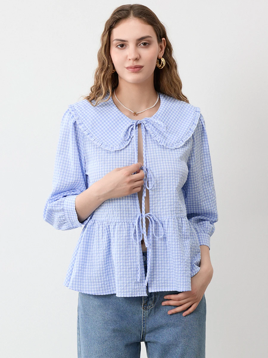 Latest Women'S Plaid/Solid Color Printed Shirt With Ruffled Doll Collar Bow Tie 3/4 Sleeve Loose Floral Top Shirt