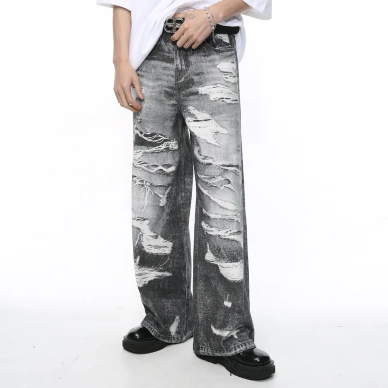 2024 Spring New Product Men's Fashion Casual Pocket Zipper Trendy Street Wind Piercing Design Loose Washed Straight leg Jeans