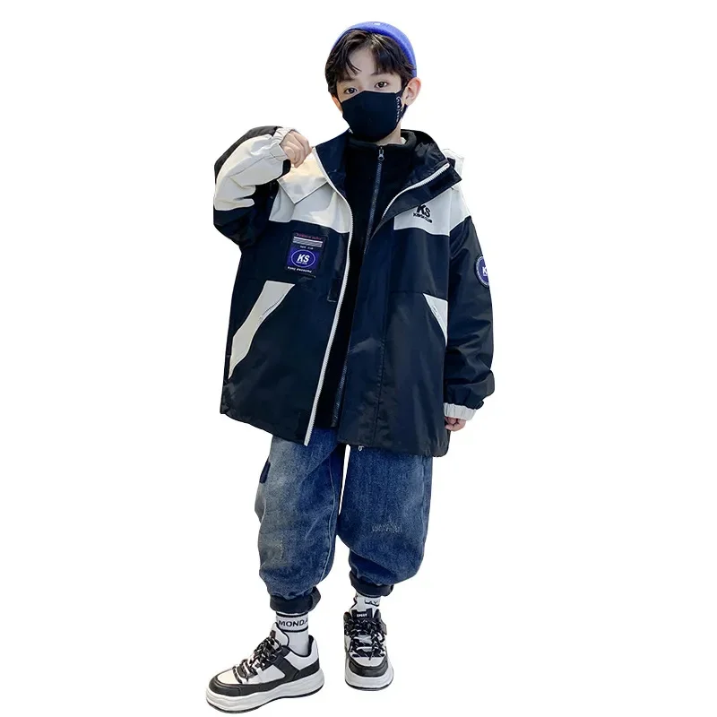 Teen Boy Clothes Fashion Letter Print Patchwork Storm Coat Winter Thick Warm Outerwear Parka Detachable Down Jacket Top 4-14 Yrs