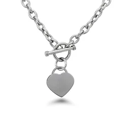 Stainless Steel Heart Charm Cable Chain Bracelet Necklace Set with Toggle Clasp Punk Rock Collar Necklace for Women Men