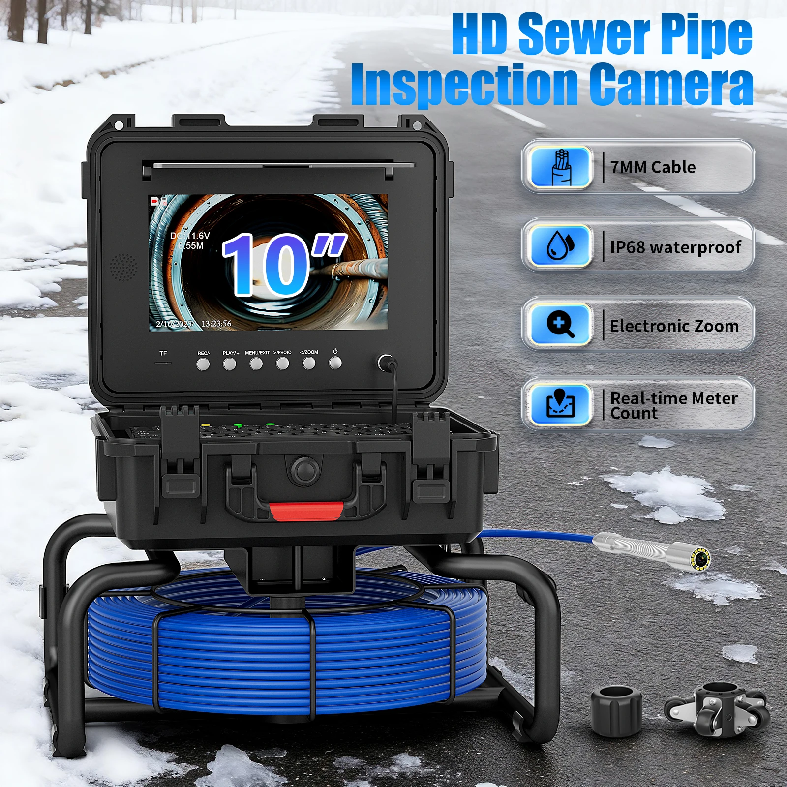 كاميرا الصرف الصحي Borescope مع محدد موقع 512 هرتز، كاميرا IPS 1080P مقاس 10 بوصة مع كابل 7 مم 30-60 متر، التسوية الذاتية التلقائية، بطارية 4500 مللي أمبير في الساعة