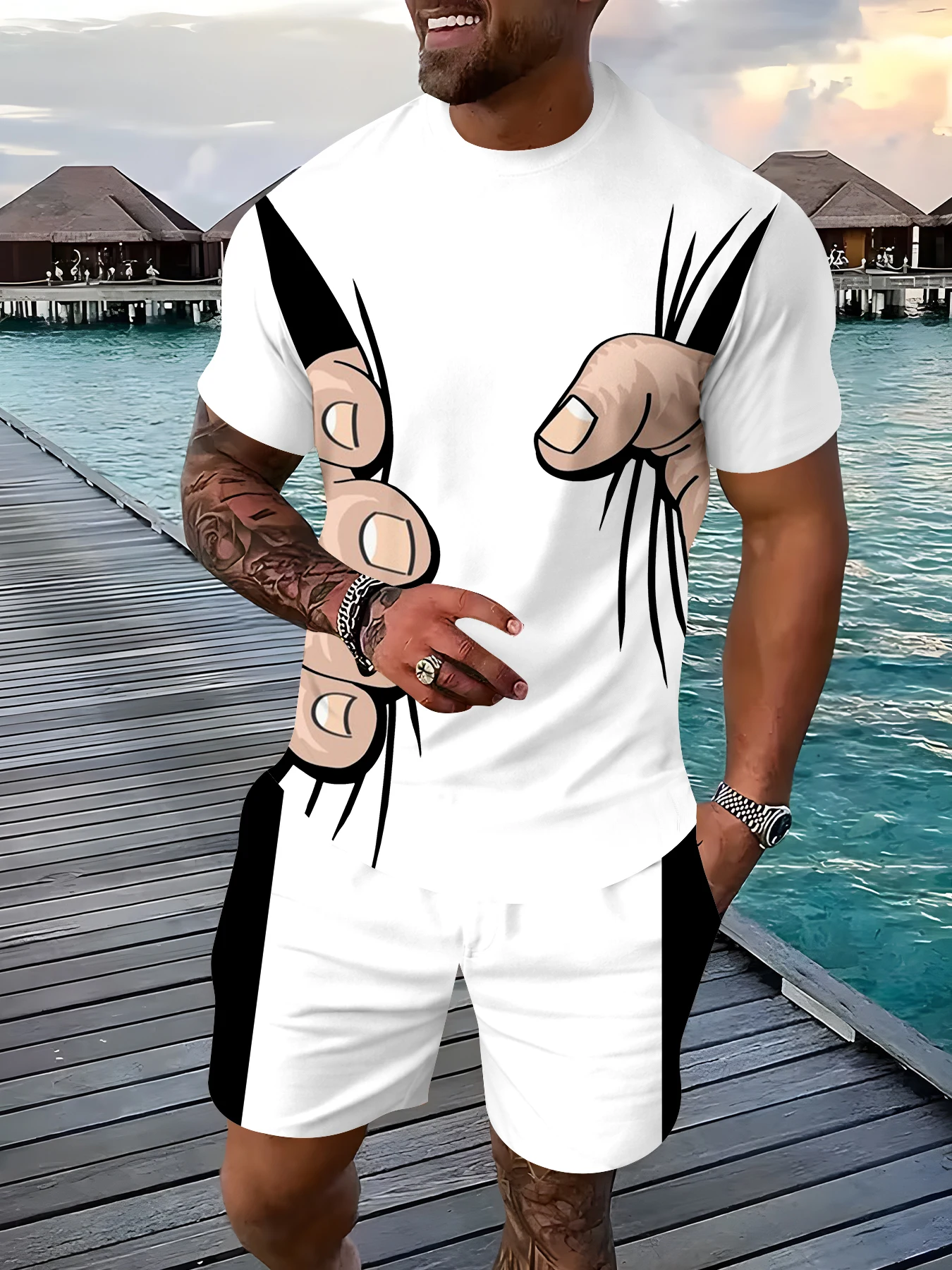 Conjunto de Camiseta de Manga Corta y Pantalones Cortos para Hombre con Estampado Gráfico de Dibujos Animados Divertidos y Bloques de Color Negro en el Lateral