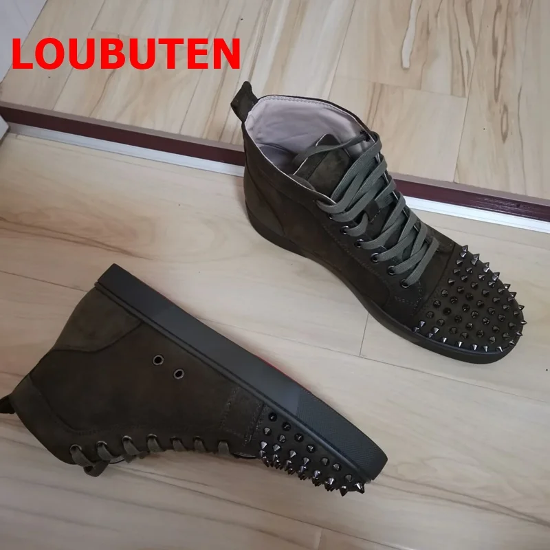 LOUBUTEN Green Suede Leather Men Spikes Sneakers Luxury Fashion High-top Casual Shoes Handmade Lace-up Red Bottom Rivet Shoes