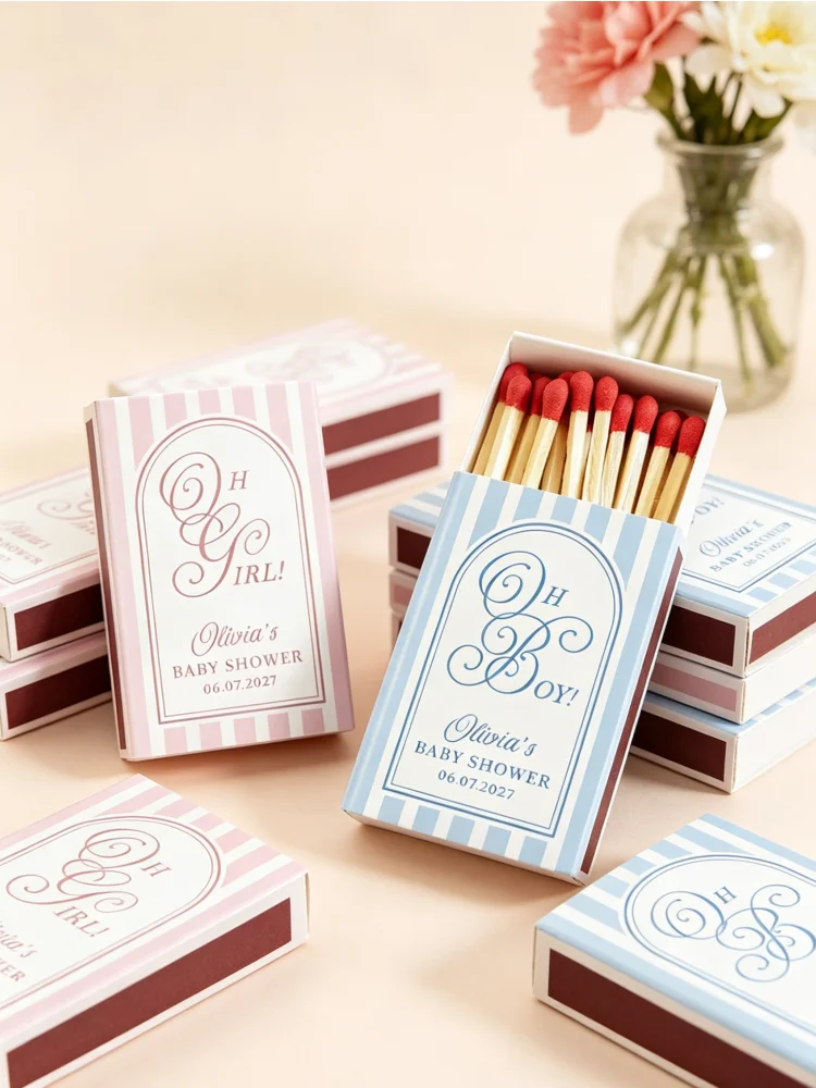 

Personalized Arch Stripe Matchboxes Bulk Oh Boy Girl Gender Reveal Baby Shower Party Favors