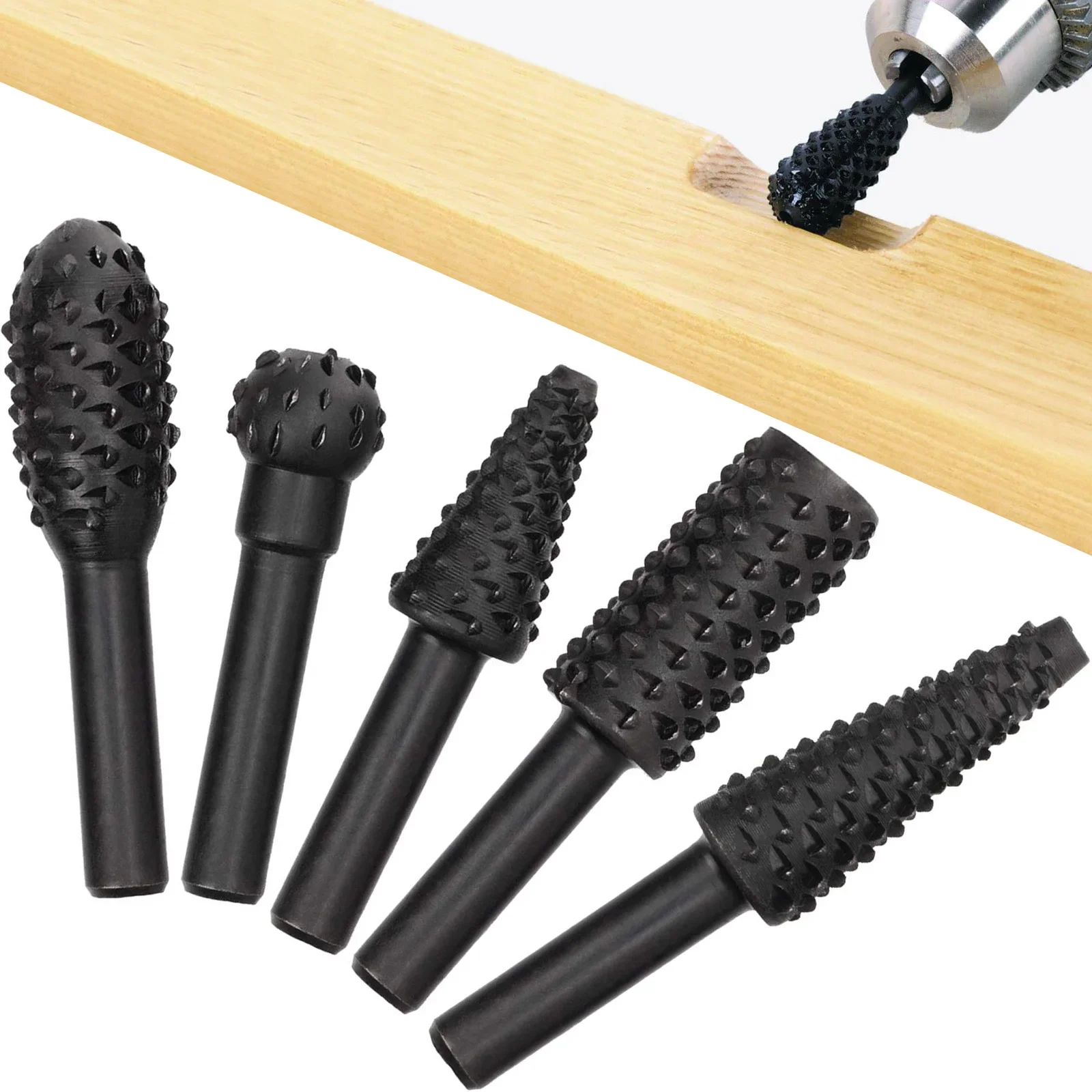 

Набор вращающихся бит для резьбы по дереву, 5 шт., напильник в форме долота, рашпиль с тиснением, шлифовальная головка, хвостовик 1/4 дюйма, 6 мм для электроинструментов