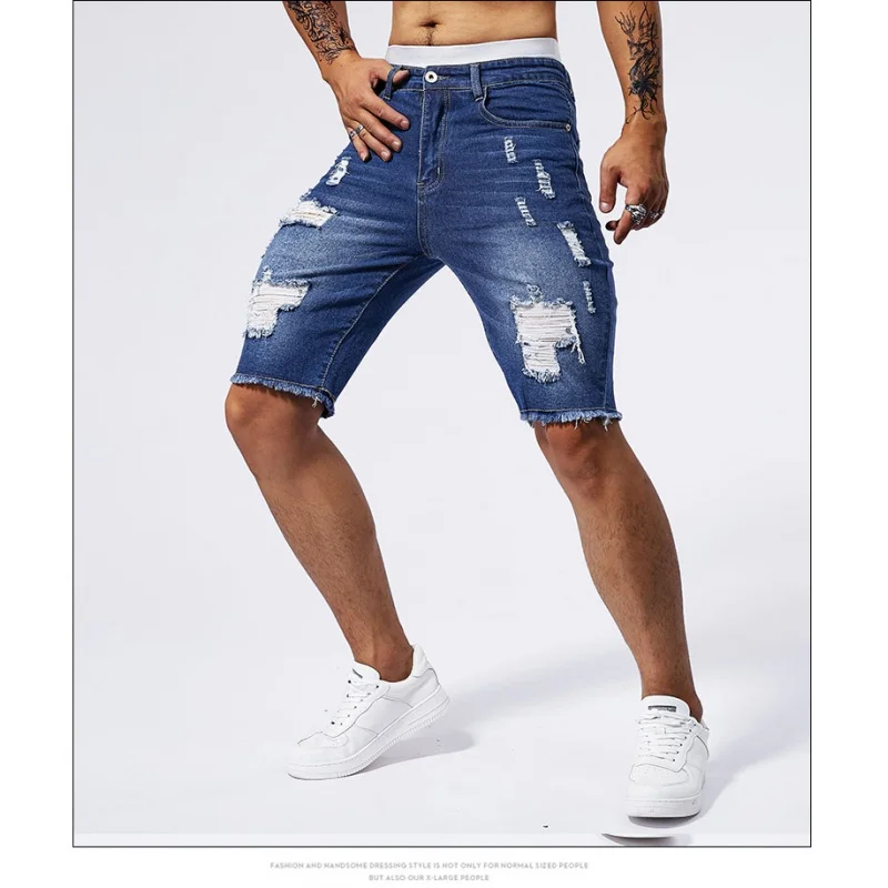 

Retro washed nostalgic distressed denim shorts for men's summer slim fit stretch street fashion trend casual capris