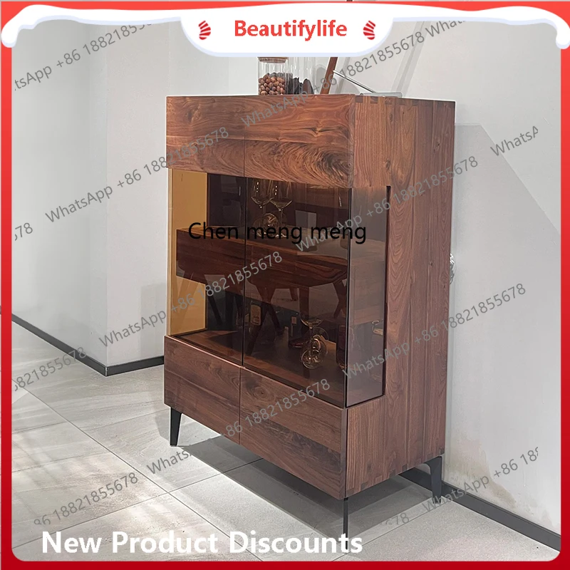 

Italian style, solid wood wine cabinet, walnut color, living room side cabinet, glass, storage, simple display cabinet H
