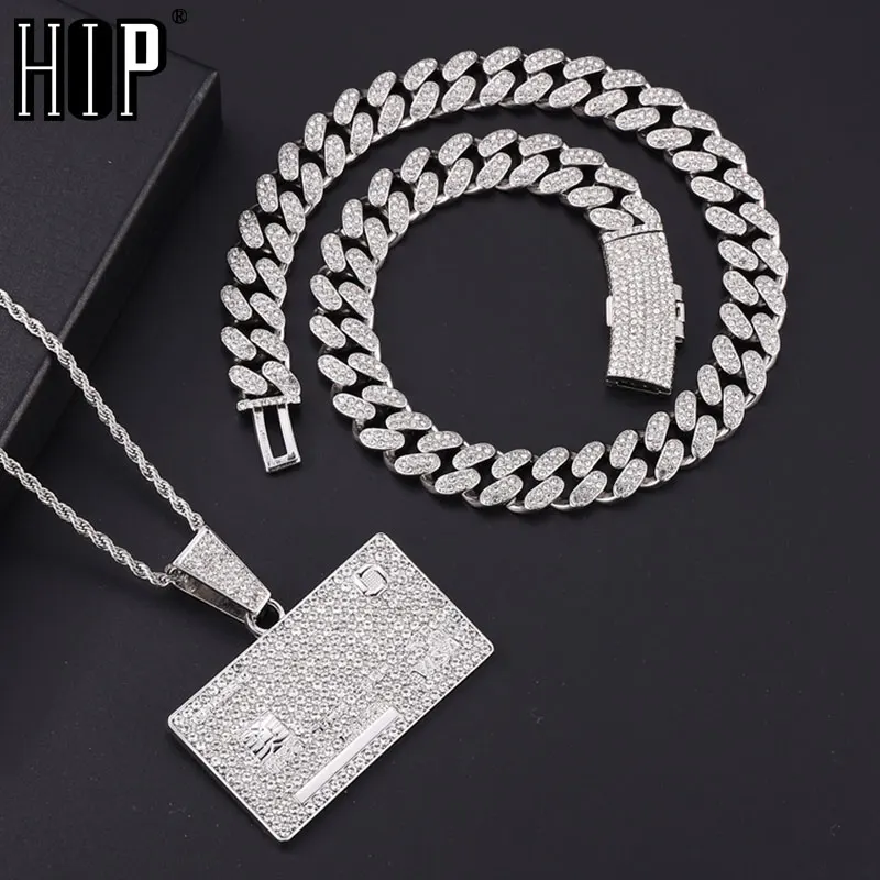 HIP HOP Bling Iced Out Bank VISA Card Shape Pendant Cuban Necklace for Women Men Shiny Zircon Necklace Rappers Jewelry