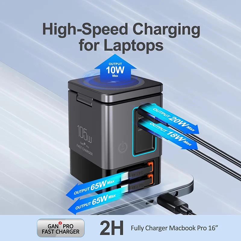 

Зарядная станция 6-в-1 мощностью 105 Вт с выдвижным кабелем USB-C, комбинированная зарядная башня для нескольких устройств, быстрое зарядное устройство для iPhone и AirPods