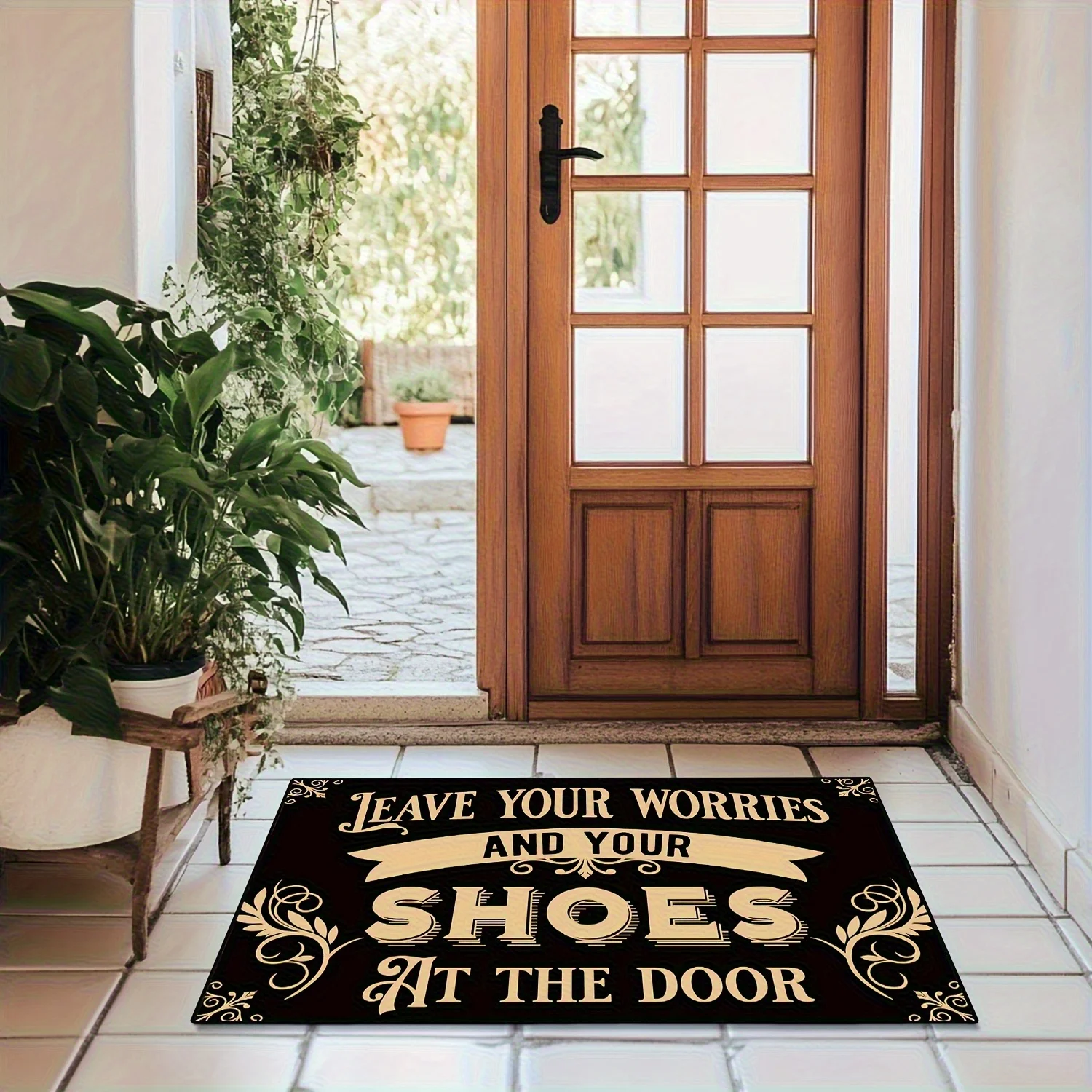 

Allseason Mat Non-Slip Welcome Mat with "Leave Your Worries & Shoes at the Door" Design - Machine Washable