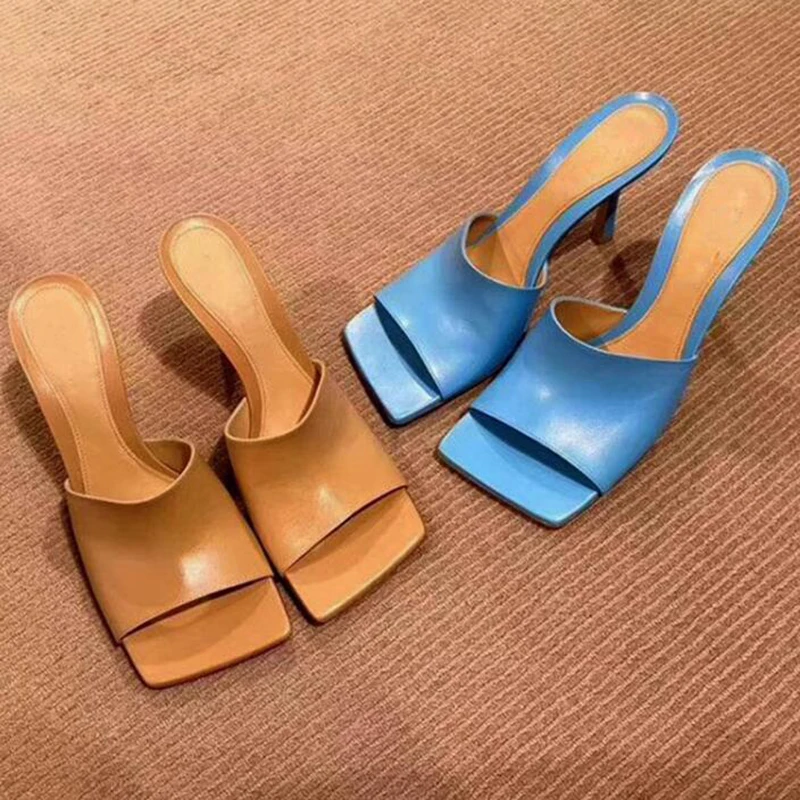 Summer New Women Sandals Open Square Toe Mules Slies Sexy Thin High Heels Slip on Slippers Genuine Leather Fashion Slides Shoes