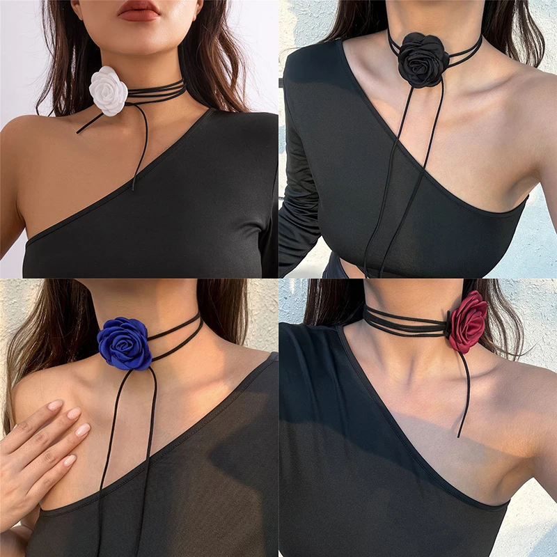 1Pc Creative Long DIY Floral Flannel Necklace Collarbone Chain Adjustable Personalized Handmade Rose Necklace