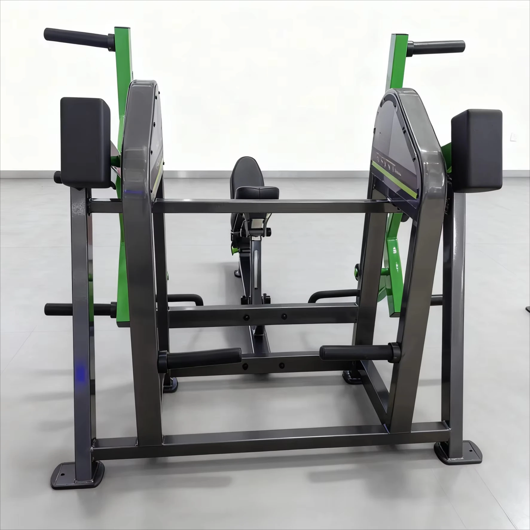معدات الصالة الرياضية الاحترافية، لوحة ثقيلة محملة في صالة الألعاب الرياضية، آلة التجديف، تدريب القوة، رفع الطاقة، الصف المتطرف لصالة الألعاب الرياضية