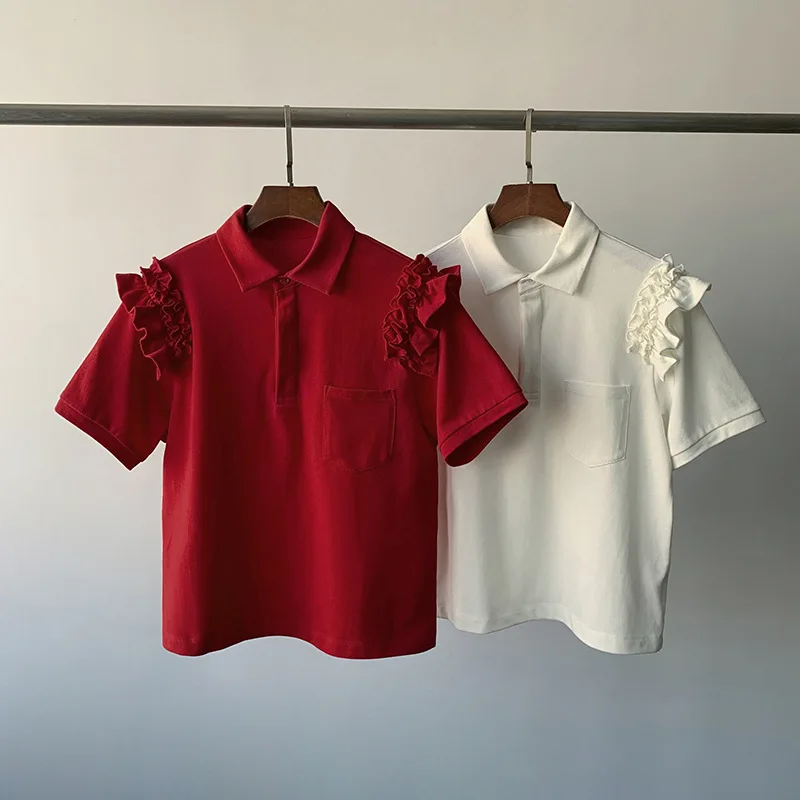 

2025 Fashionable Polo Neck Lace Short Sleeve T-Shirt