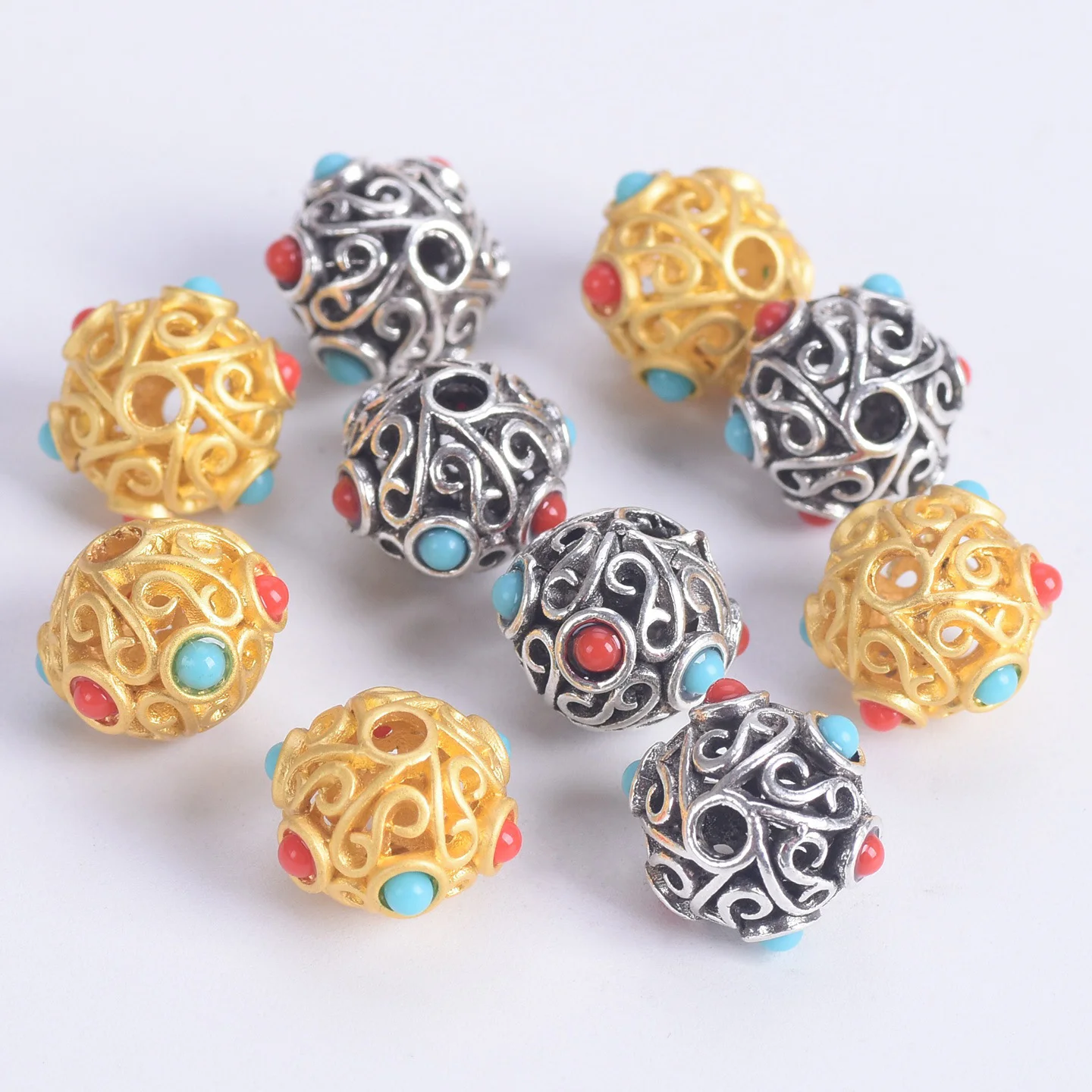 

5pcs Rondelle Shape 13x11mm Nepalese Buddhist Matte Golden Tibetan Silver Color Red Blue Dots Loose Beads For Jewelry Making