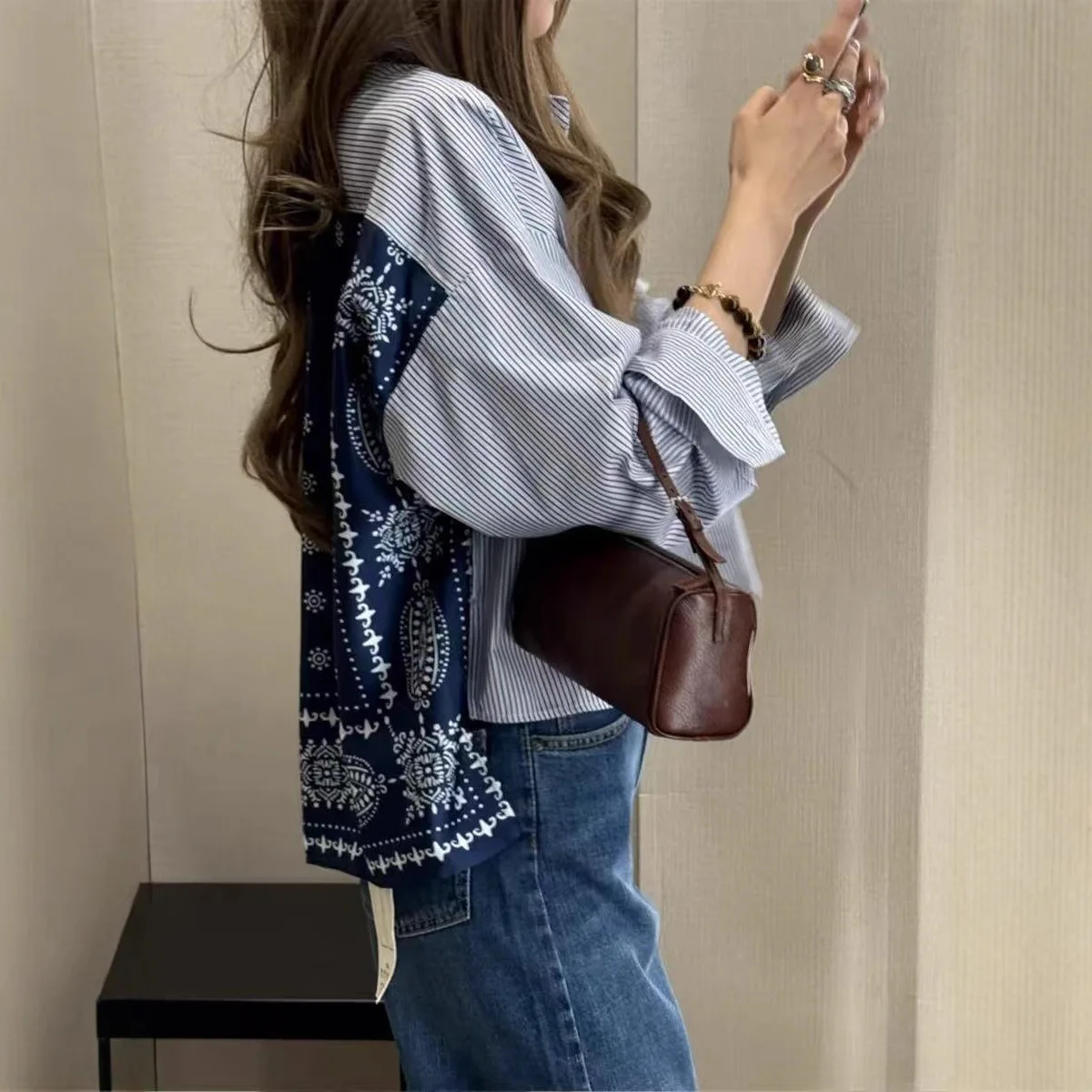 

【Gift Free】2025 Autumn French Niche Striped Contrast-Collar Printed Long-Sleeve Loose Fashion Shirt for Women