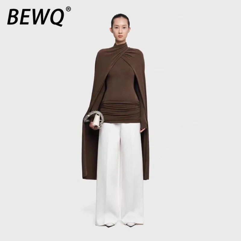 

BEWQ модный женский комплект из 2 предметов с высоким воротником в стиле пэчворк, трикотажные топы на молнии, свободные брюки на талии, элегантный костюм, новинка осени 2023 г.