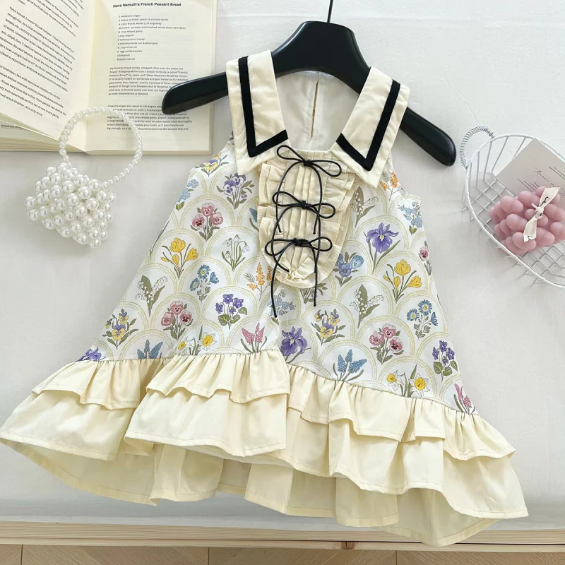 

2025Summer New French Romantic Turn-down Collar Patchwork Ruffle Floral Print Sleeveless Dress0054