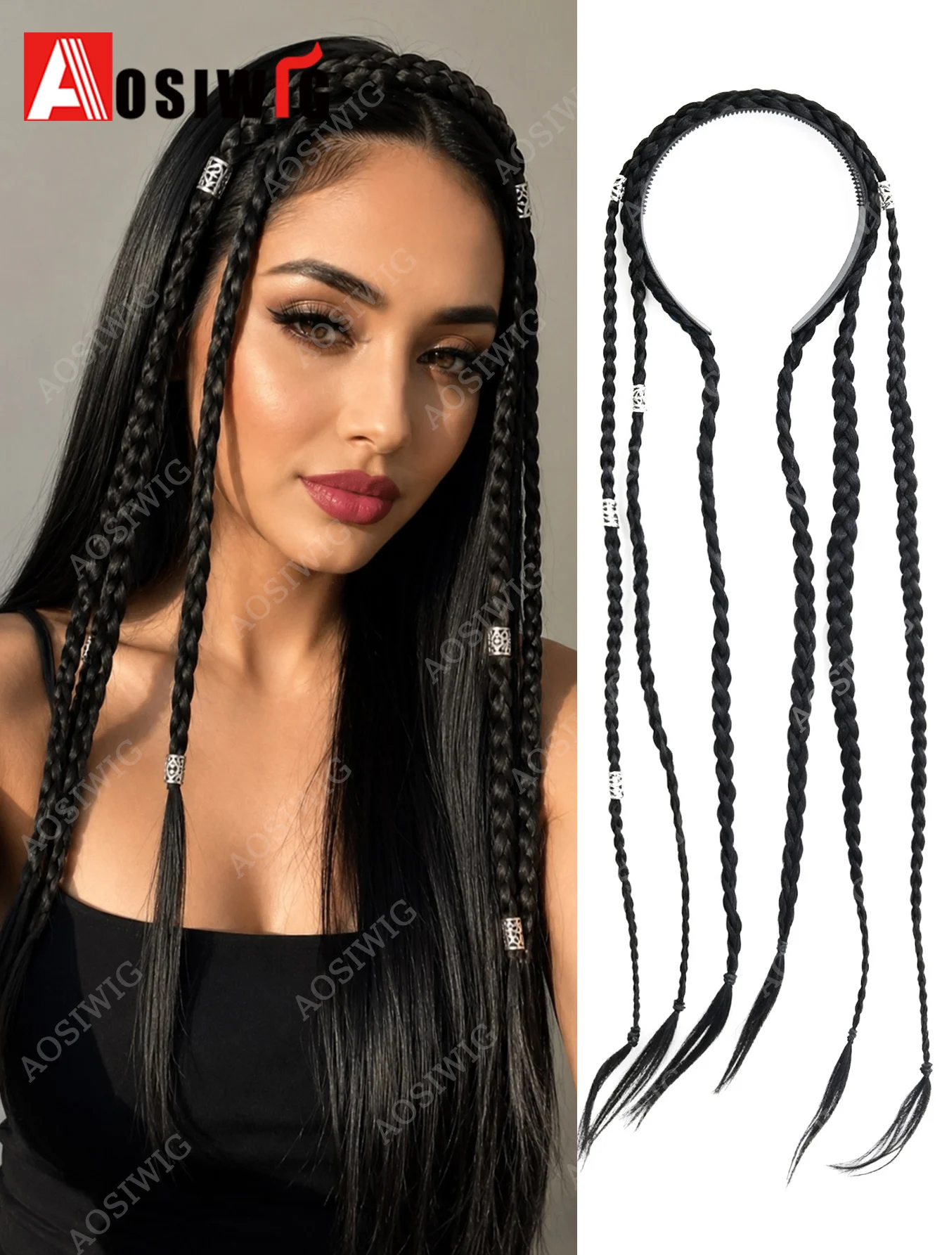 24 Inch Y2K Synthetic Boho Braided Headband Hairpiece for Women with Silver Decorative Charms Hair Accessory for Festival Party