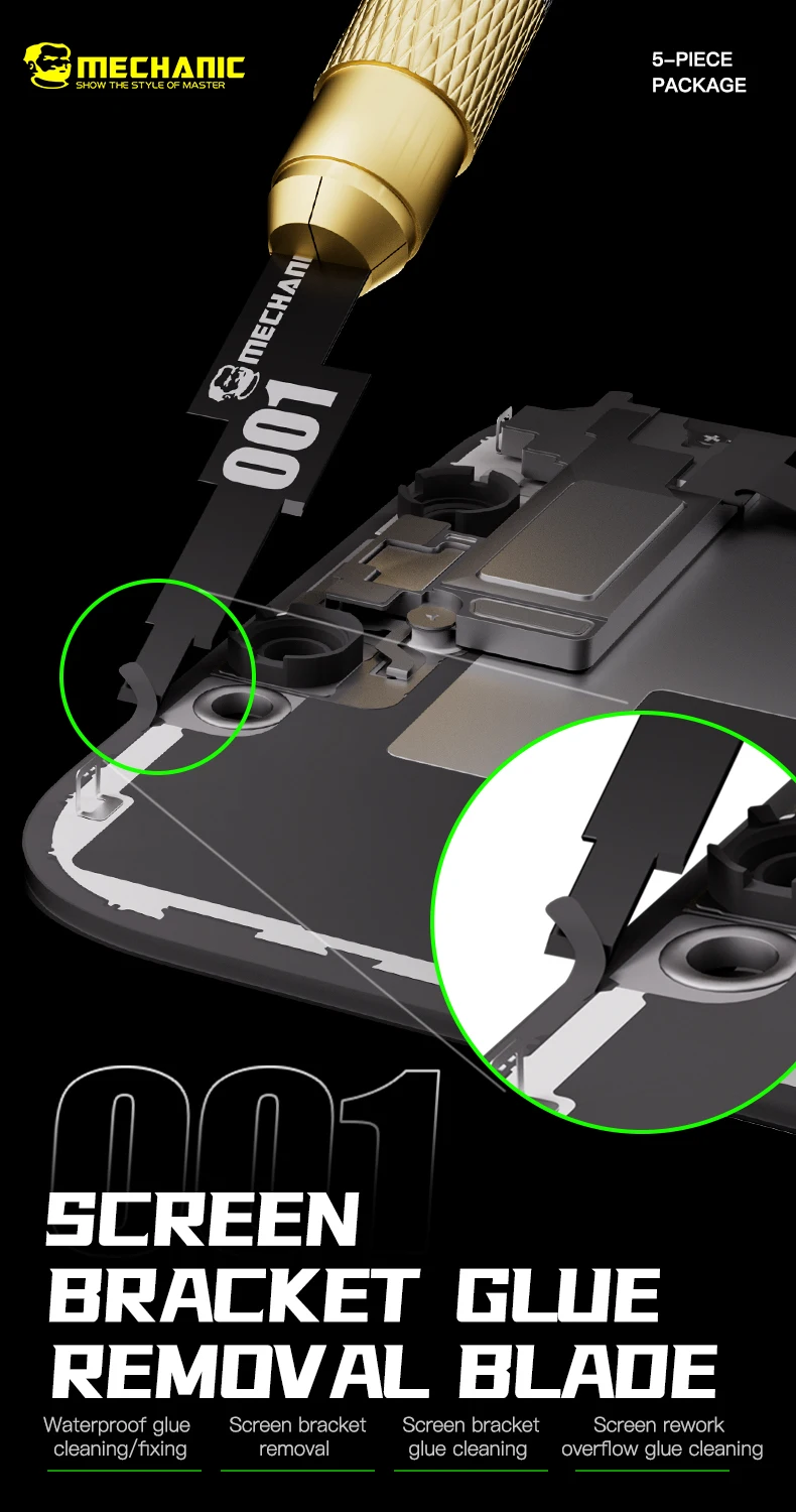 MECHANIC 001 Screen Bracket Glue Removal Tool 5PCS Blade Set with Multi Handle for Phone Repair Adhesive Cleaning Scraper Kit