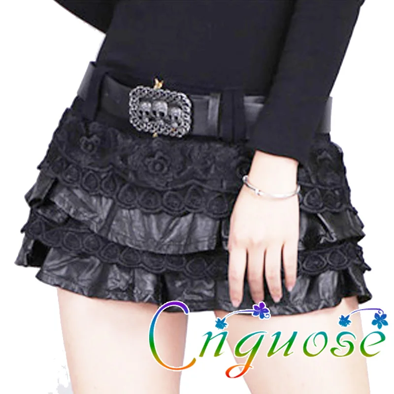 

Womens Japanese PU Faux Leather Lace Nightclub Cake Pleated Short skirt Cake Mini Skirts with Belt