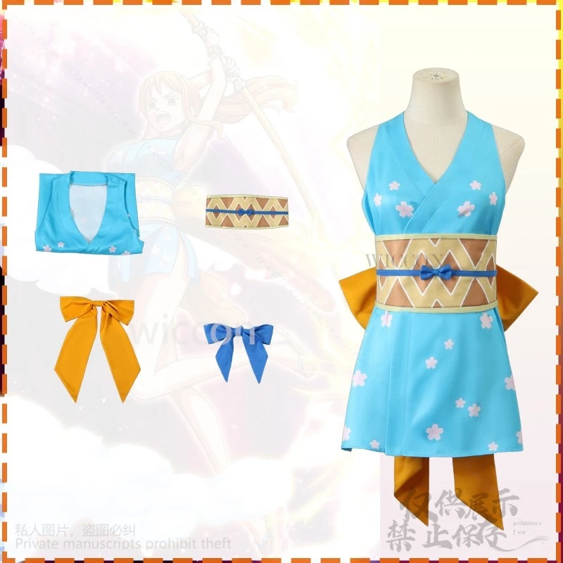 Anime Cartoon Nami Cosplay Sexy Japanese Blue Kimono Sweet Cute Dress Lolita Orange Wigs Jirai Kei Costume Shoes Cos Customized