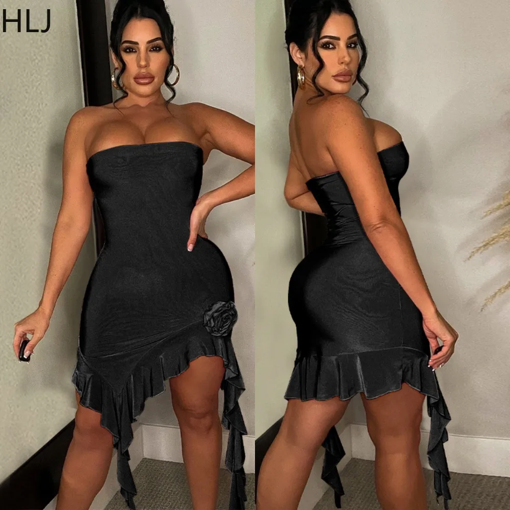 

HLJ Sexy Off Shoulder Ruffled Irregular Party Club Dresses Women Sleeveless Bodycon Mini Dress Fashion Flower Matching Clothing