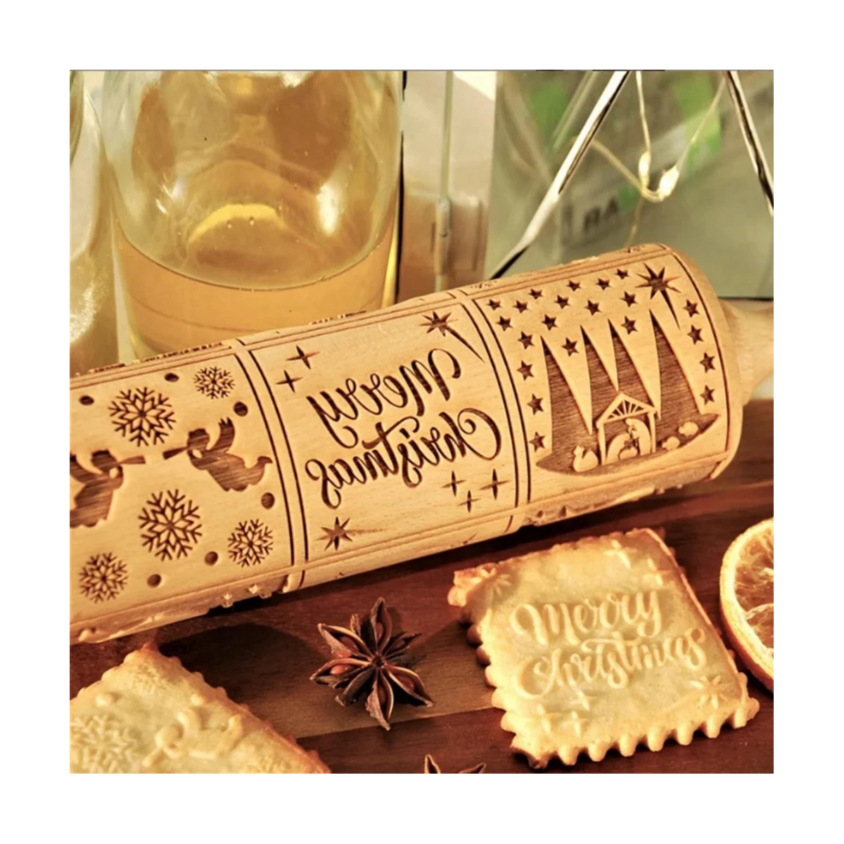 Christmas Pattern Wooden Embossed Rolling Pin,9 Different Scenes,European Window Rolling Pin for Baking Embossed