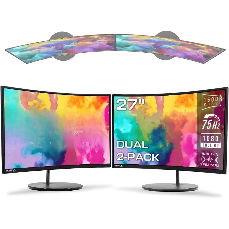

Настройка двойного монитора — 2 шт., 27-дюймовый изогнутый компьютерный монитор, 1500R, 1920x1080, 75 Гц, крепление VESA, HDMI, офисный игровой встроенный динамик