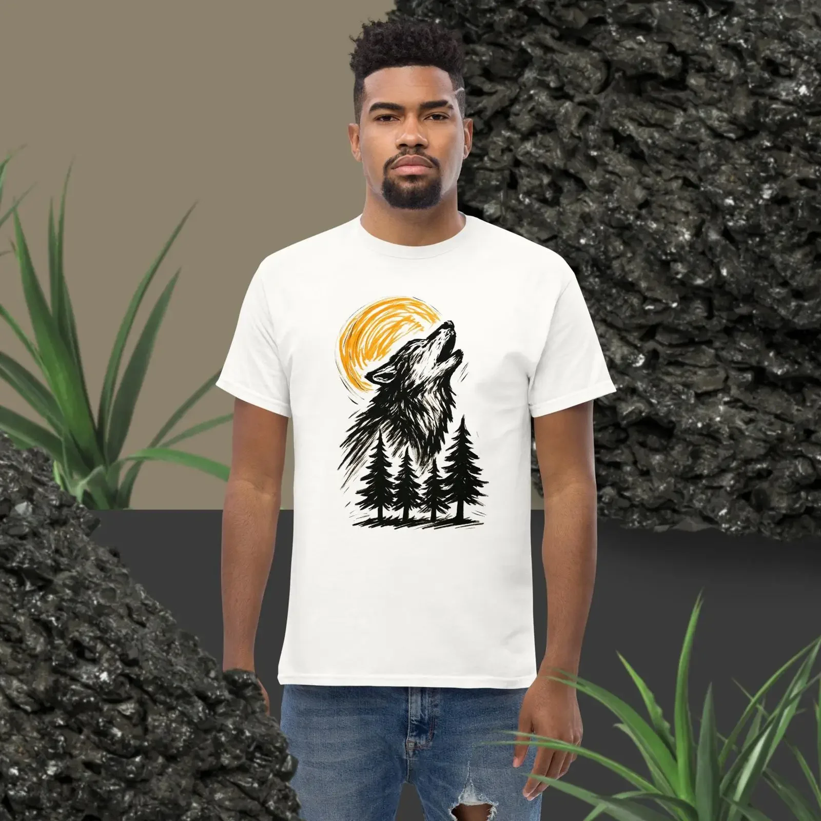 Howling Wolf Hand Drawn Forest Moon T Shirt Brush Sketch Wild Animal Rustic Nature for Outdoorsy Casual Wear vintage Washed