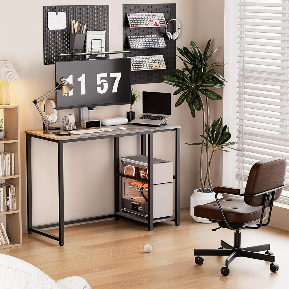 Modern Gaming and Study Desk 40 inches Grey with 2-Tier Shelves, Large Storage Space for Writing and Gaming