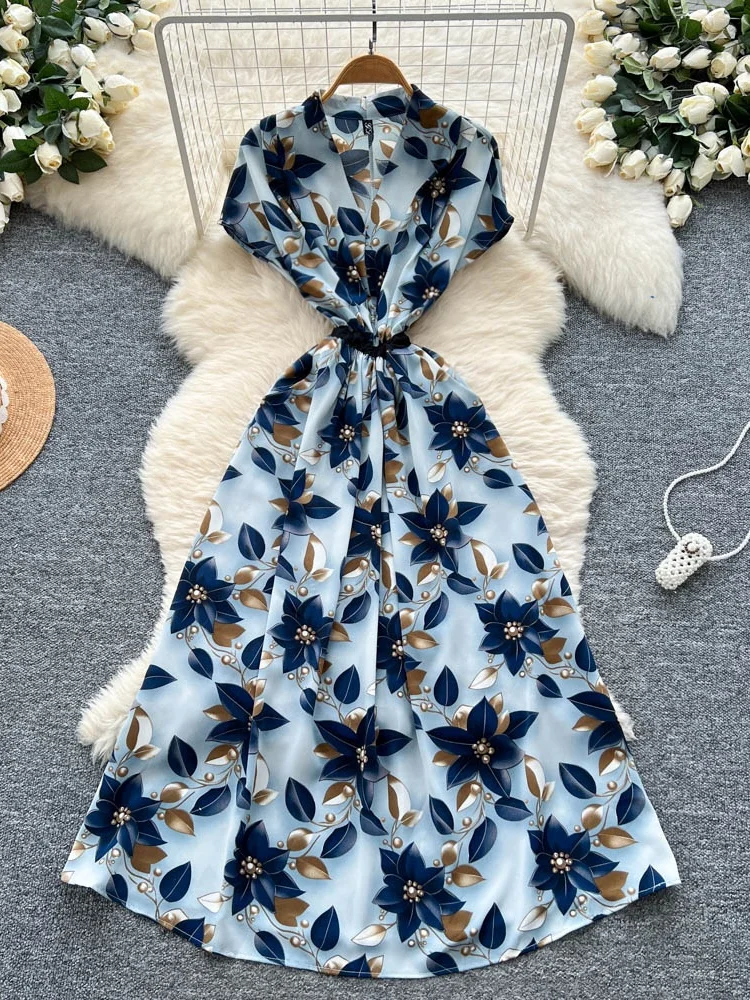 

Летнее модное женское платье с V-образным вырезом, коротким рукавом и принтом, с завышенной талией, А-силуэта, миди, в корейском стиле, для повседневной носки