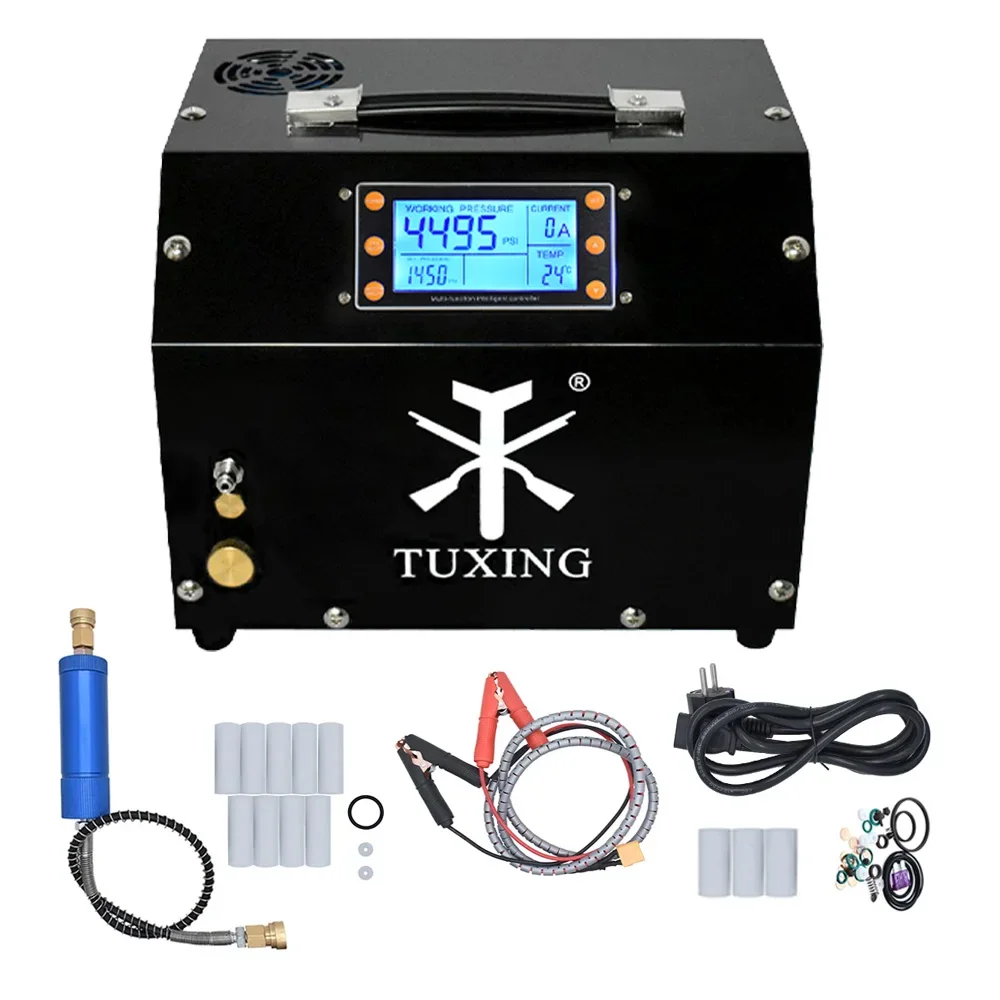 TUXING 300Bar PCP Air Compressor 4500Psi High Pressure Auto Stop Digital Compressor Control with 12V Power Adapter PCP Rifle