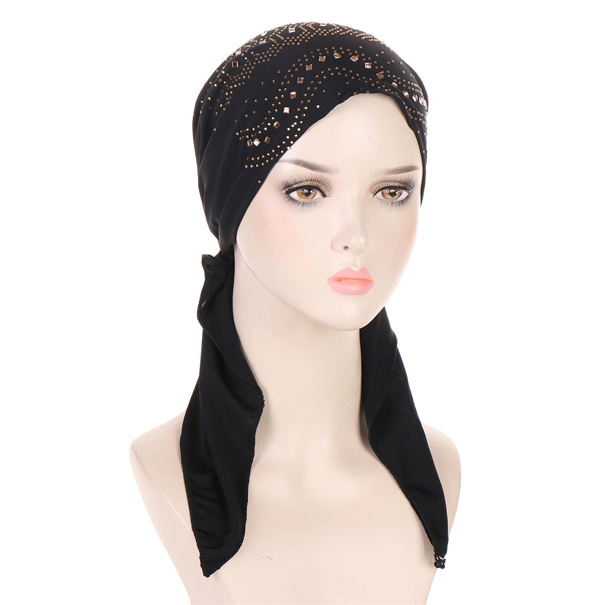 2026 New Diamond Women's Hijab Solid Color Muslim Ladies Turban Bonnet Soft Elastic Long Tail Head Wrap Head Scarf Indian Hats
