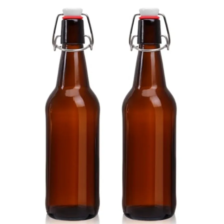 Paquete de 2 Botellas de Cerveza de Vidrio Ámbar de 16 oz con Tapas de Goma Herméticas, Botellas de Vidrio con Tapa Abatible para Elaboración Casera, Kombucha, B